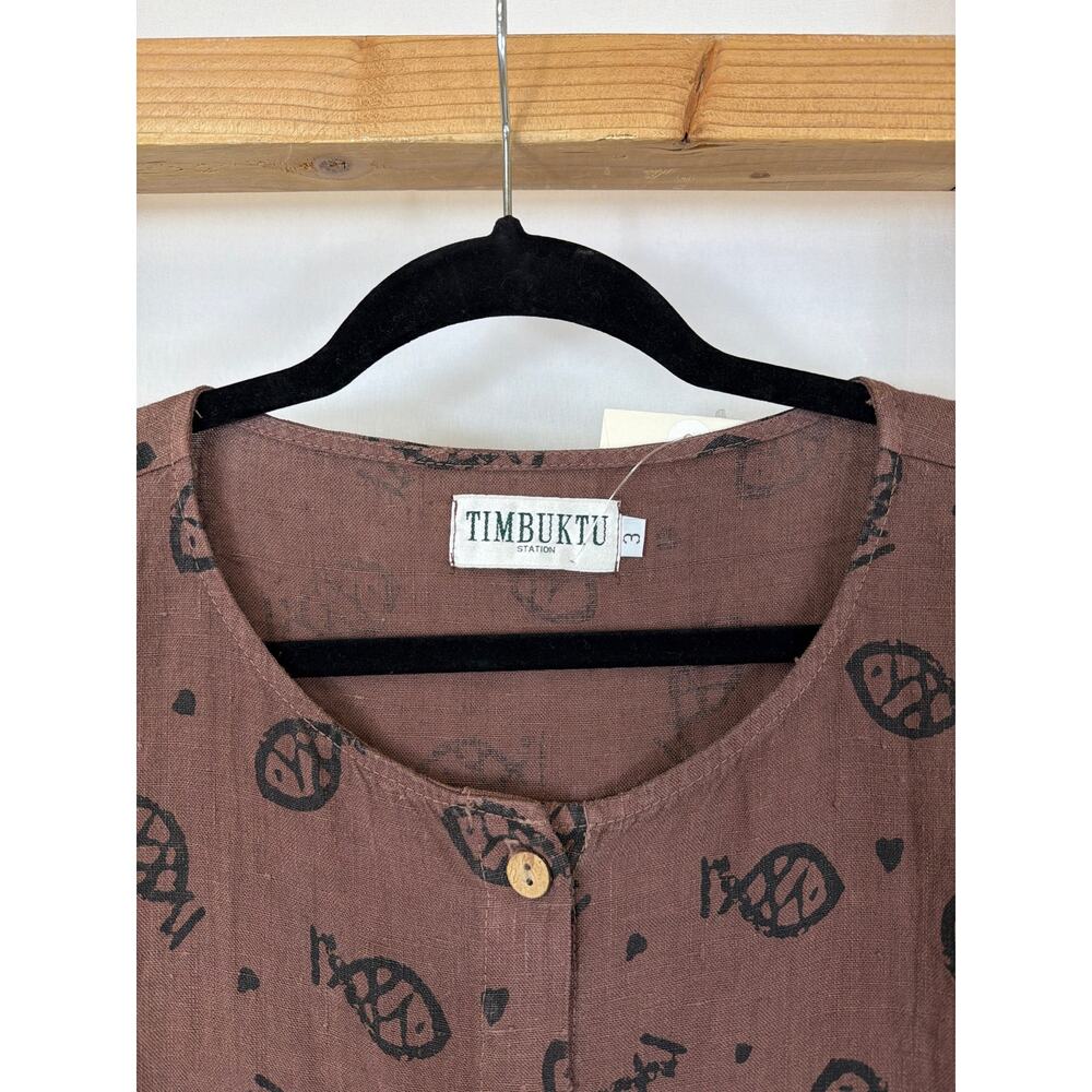 Vintage NWT Timbuktu Station Brown Fish Pattern Linen Button Up Top Size XL - Picture 2 of 8